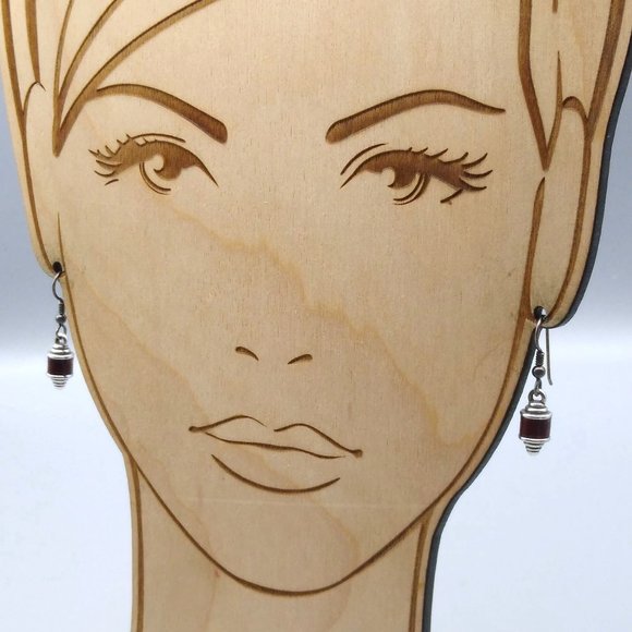 Vintage Minimalist Dangle Earrings in Silver Tone with Classic Burgundy Band - Picture 4 of 4